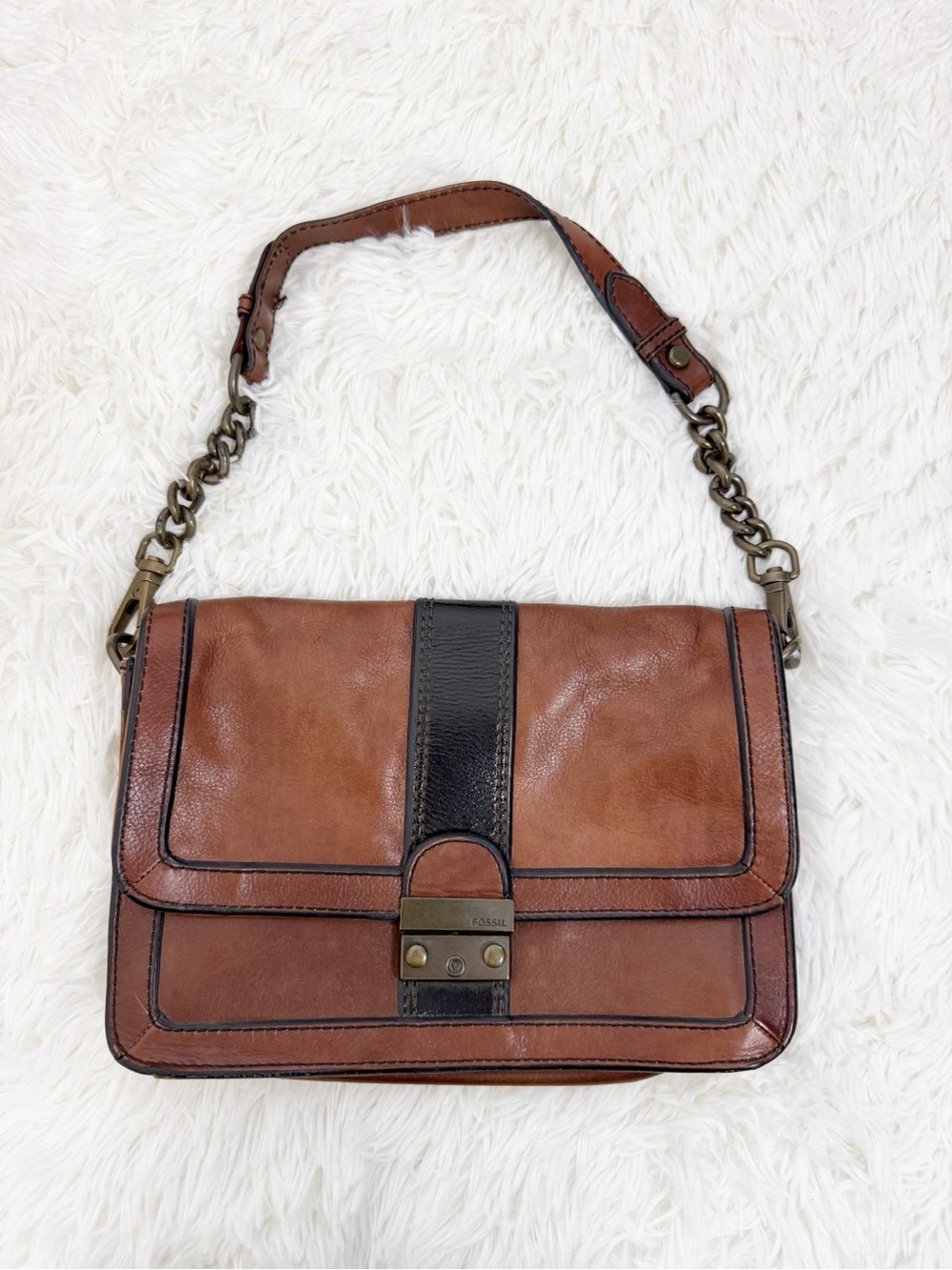 Fossil Long Live Vintage Brown Leather Shoulder Bag Black Stripe Chain Strap